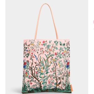 Pink flowers and birds idyllic garden tote bag NWT